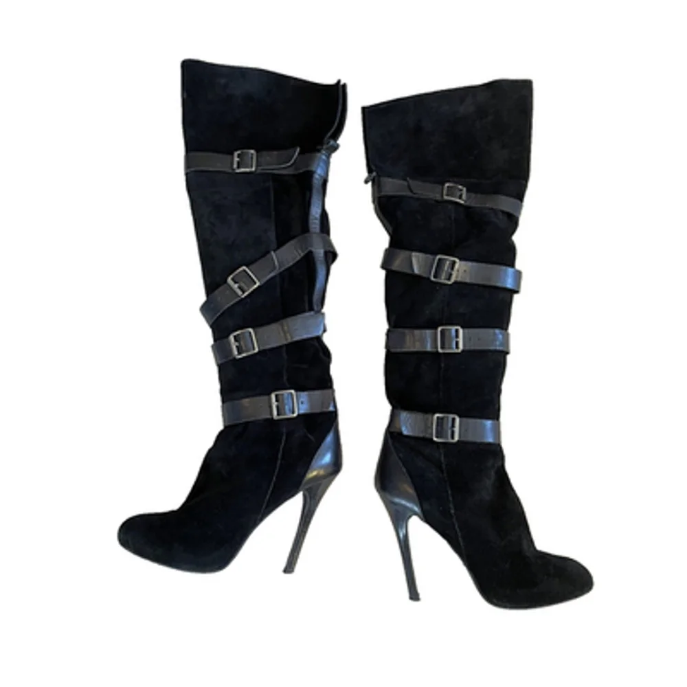 BCBGeneration Black Suede Buckle Accents Over Knee Stiletto Boots Sz 10